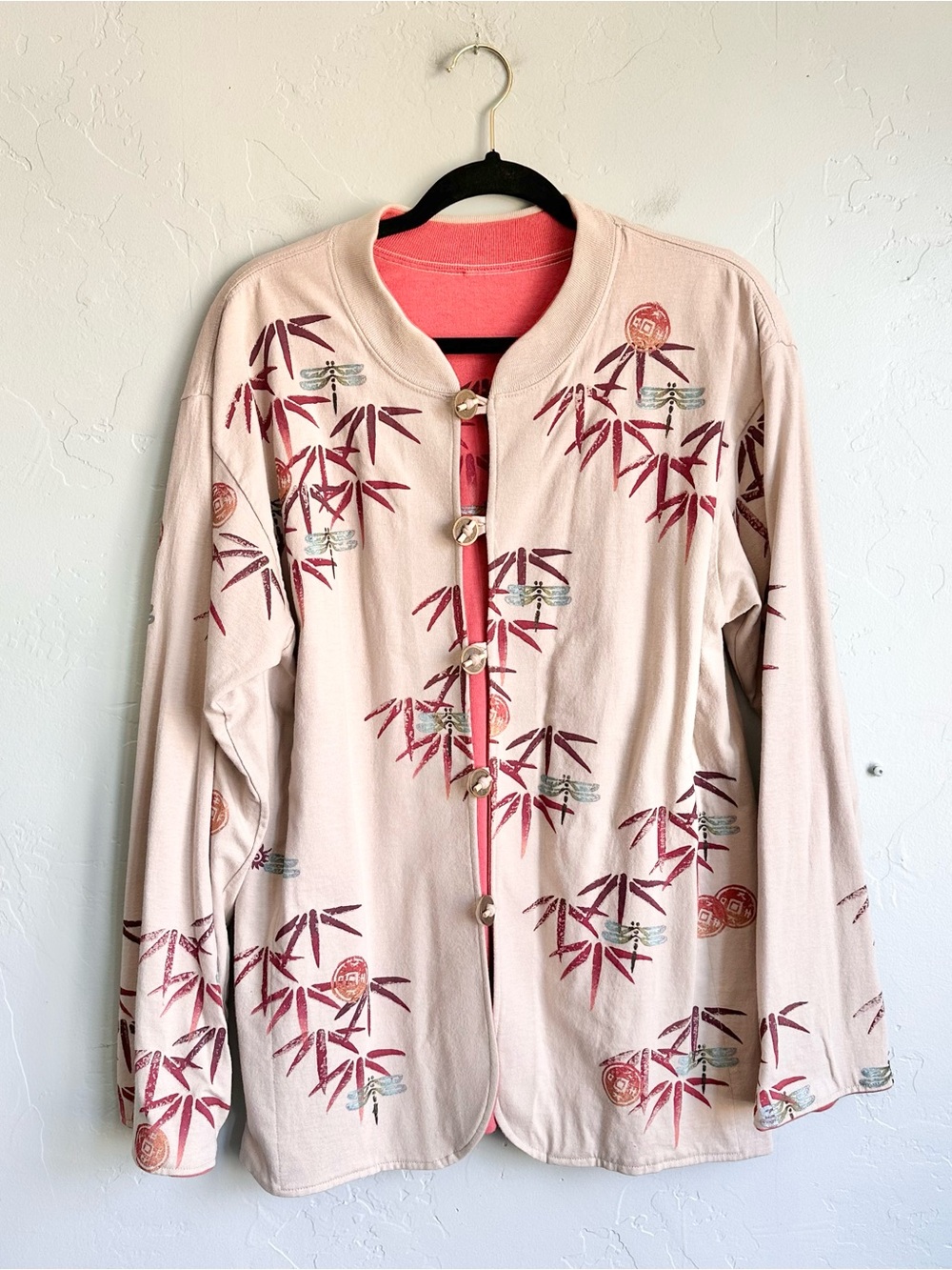 Vintage 90’s Dragonfly Bamboo‎ Print Reversible Jacket Artistic Cottagecore XL